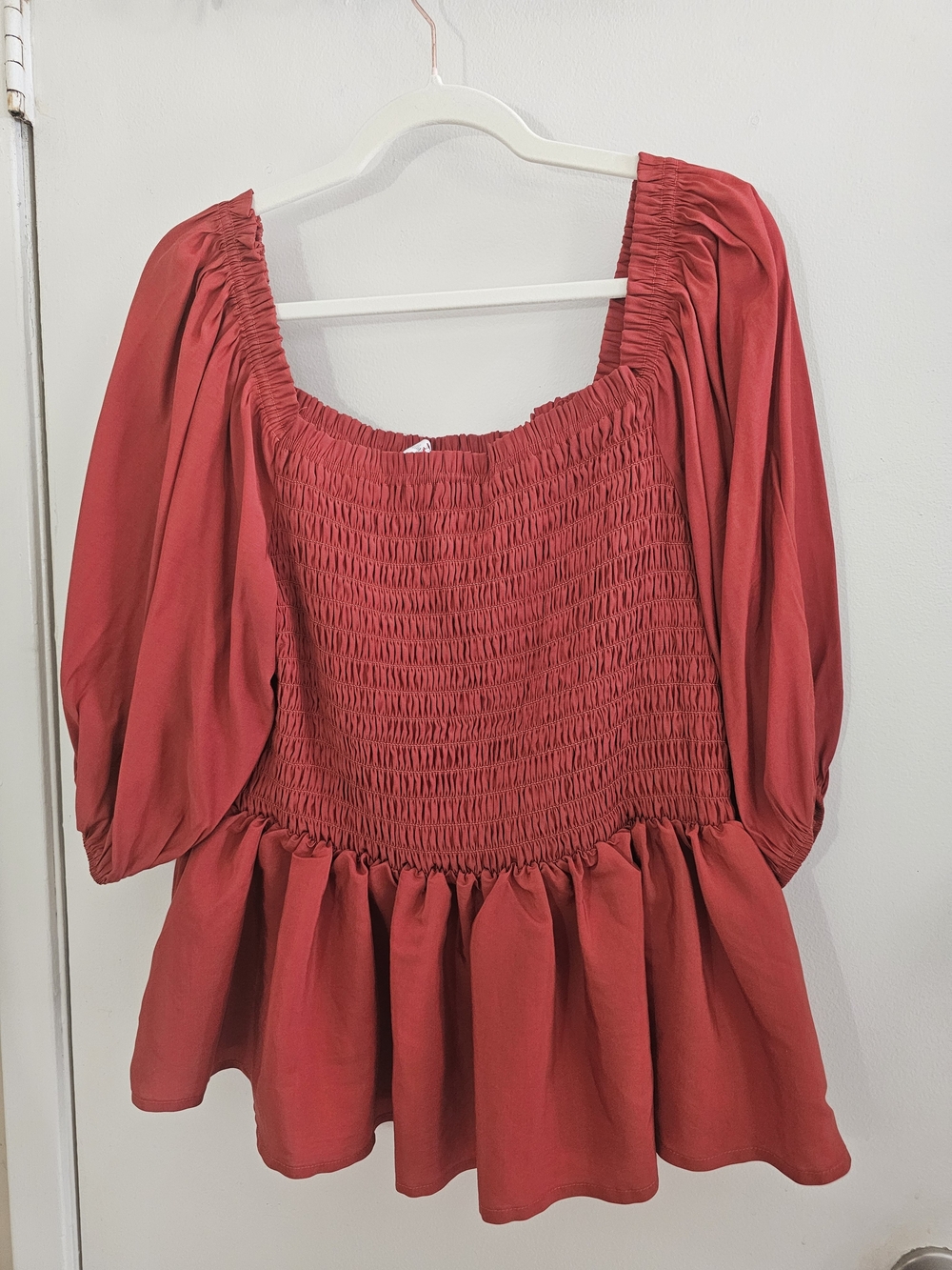 Smocked Red Peplum Blouse with Puff Sleeves - Picture 2 of 5